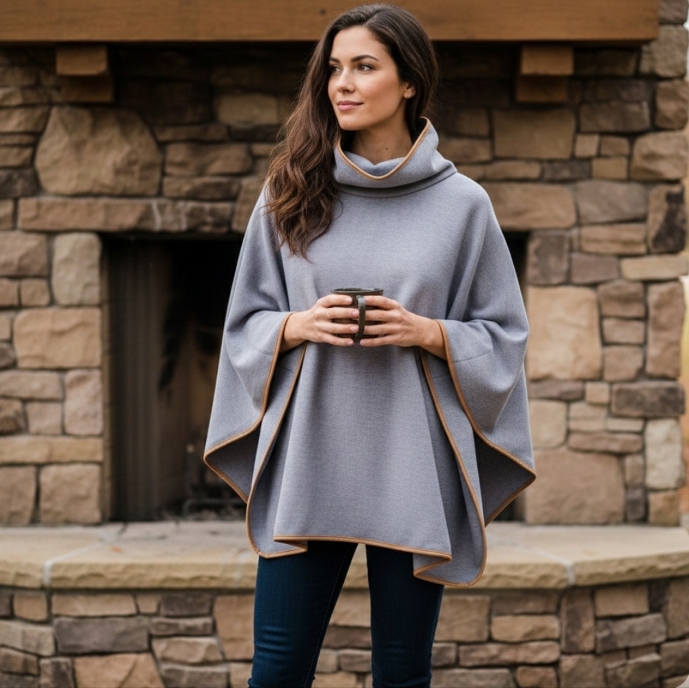 Tuckernuck Piper Poncho Slate Blue Color One Size Faux Leather Trim Funnel Neck
